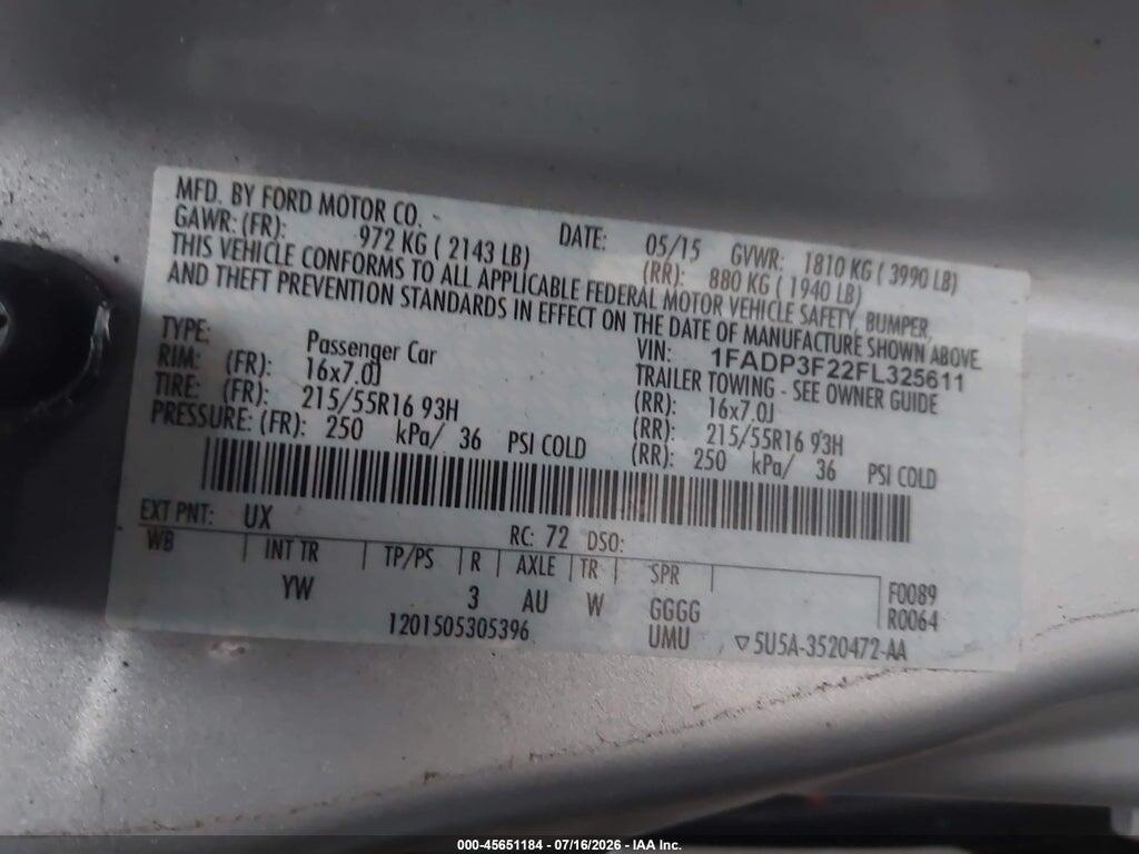 1FADP3F22FL325611 2015 FORD FOCUS photo no. 9