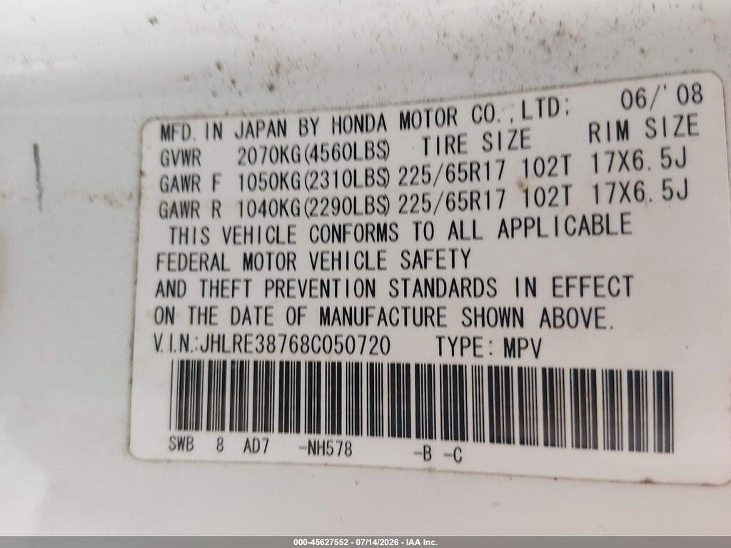 JHLRE38768C050720 2008 HONDA CR-V photo no. 9