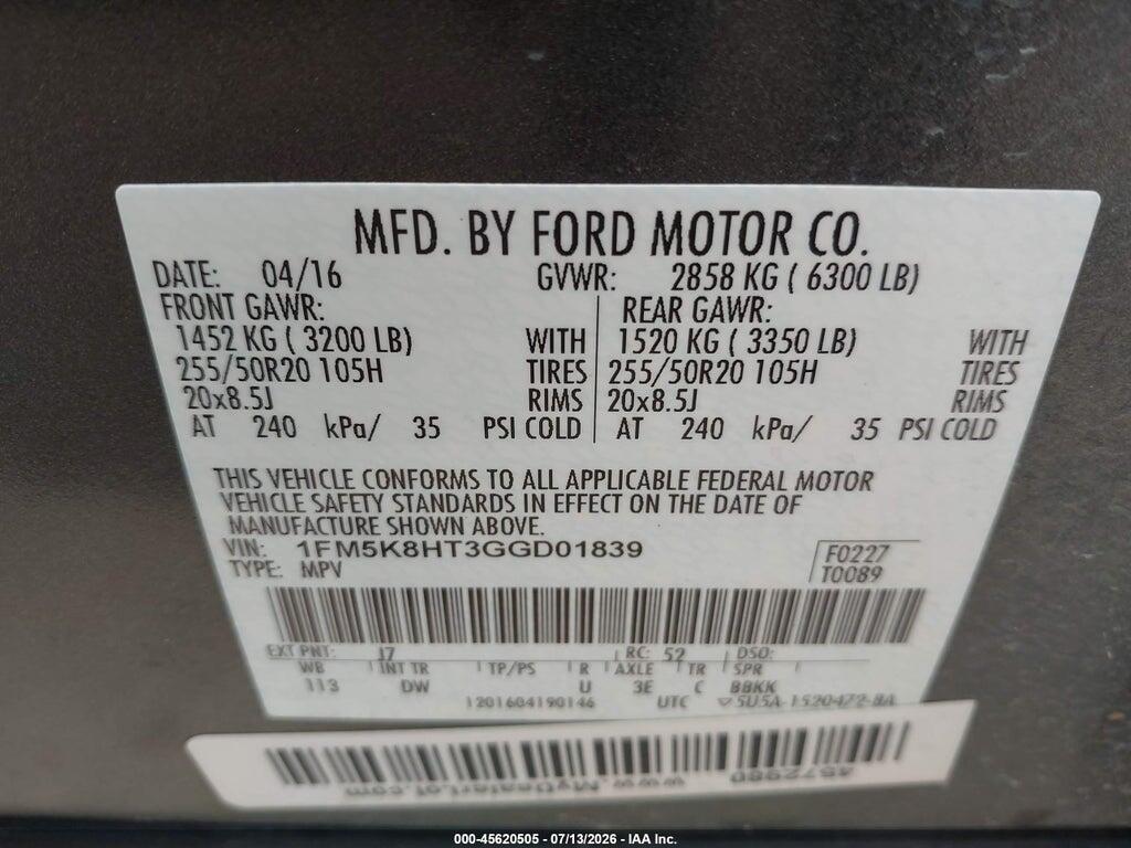 1FM5K8HT3GGD01839 2016 FORD EXPLORER photo no. 9