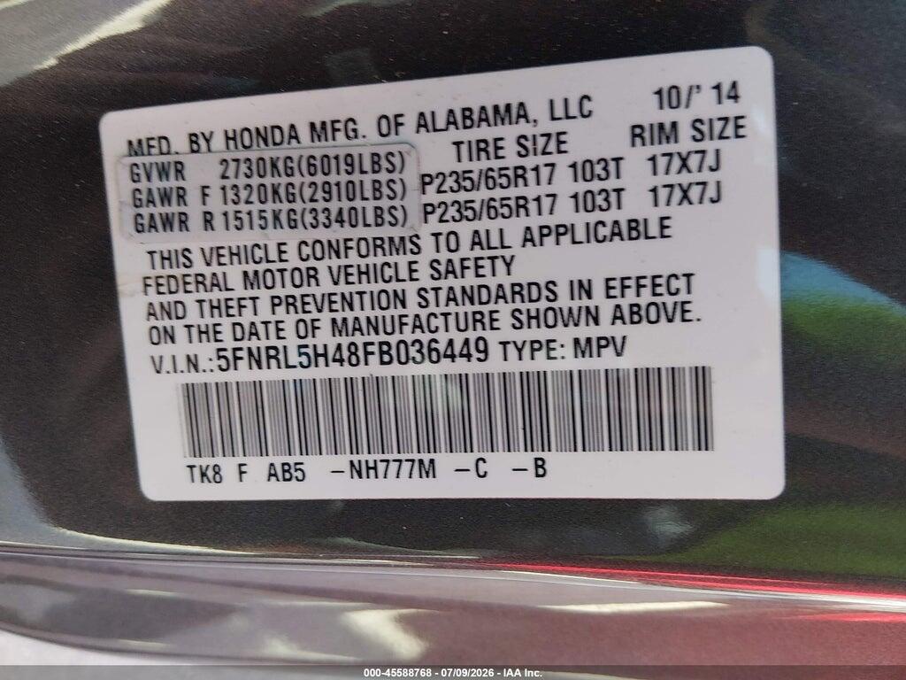 5FNRL5H48FB036449 2015 HONDA ODYSSEY photo no. 9
