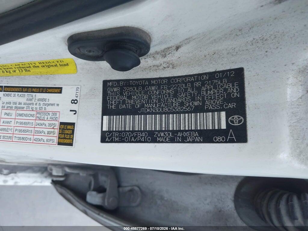 JTDKN3DU8C5382567 2012 TOYOTA PRIUS photo no. 9