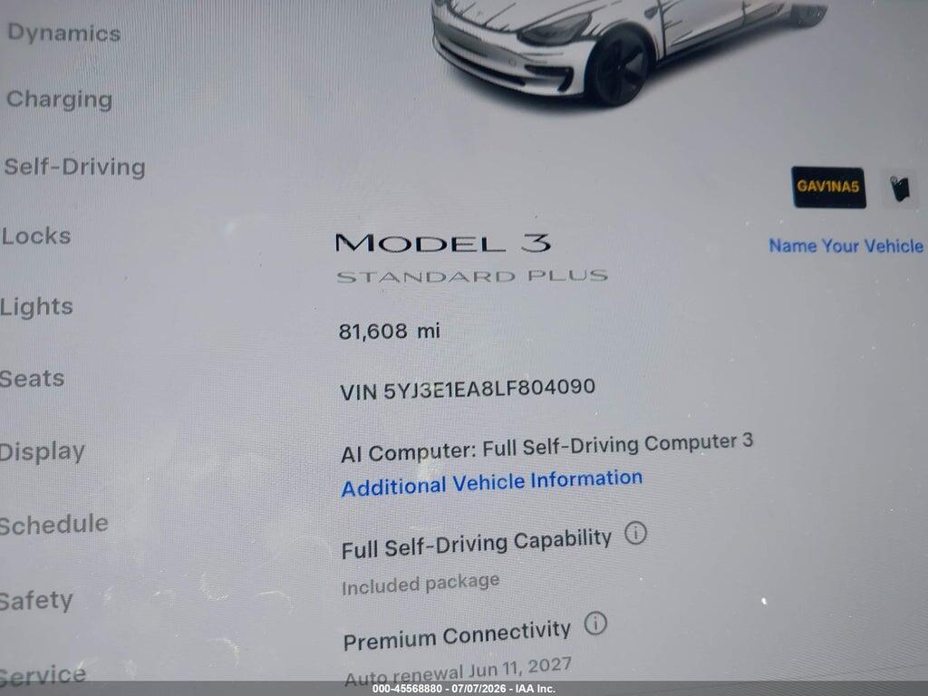 5YJ3E1EA8LF804090 2020 TESLA MODEL 3 photo no. 7