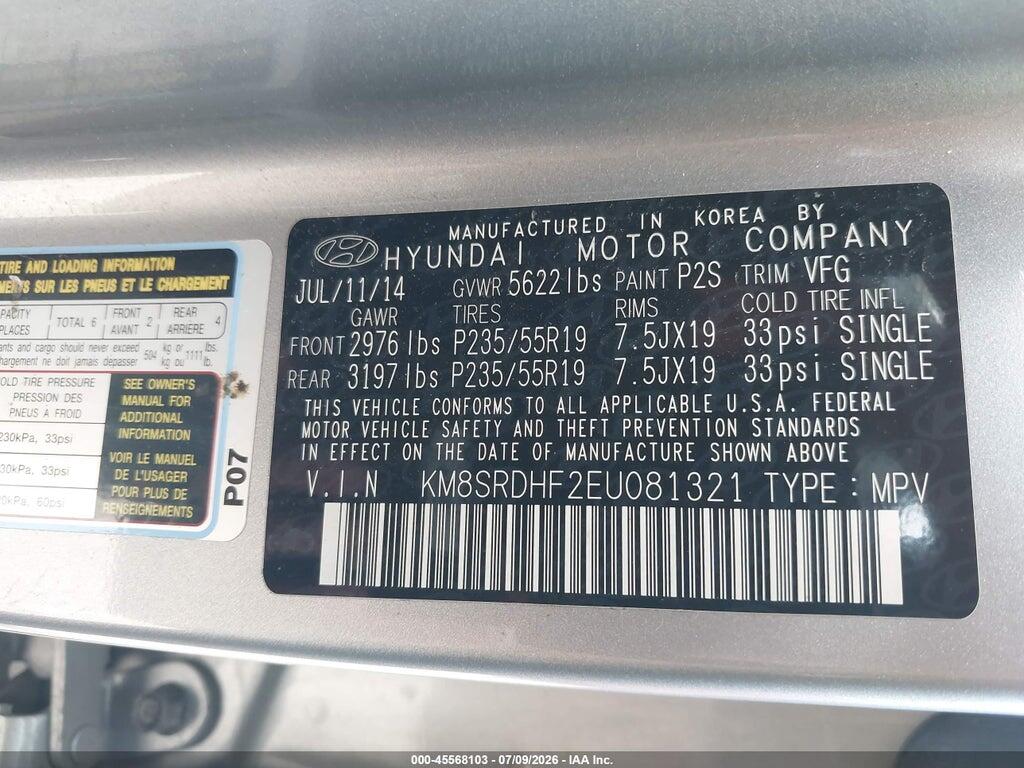 KM8SRDHF2EU081321 2014 HYUNDAI SANTA FE photo no. 9
