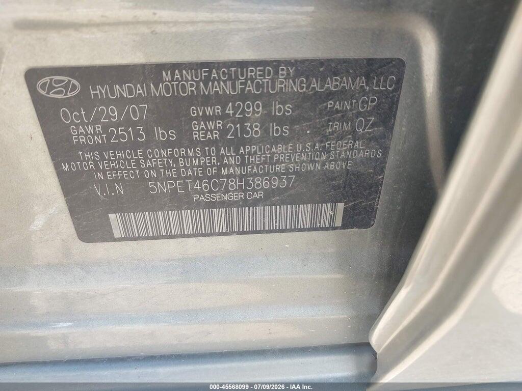 5NPET46C78H386937 2008 HYUNDAI SONATA photo no. 9