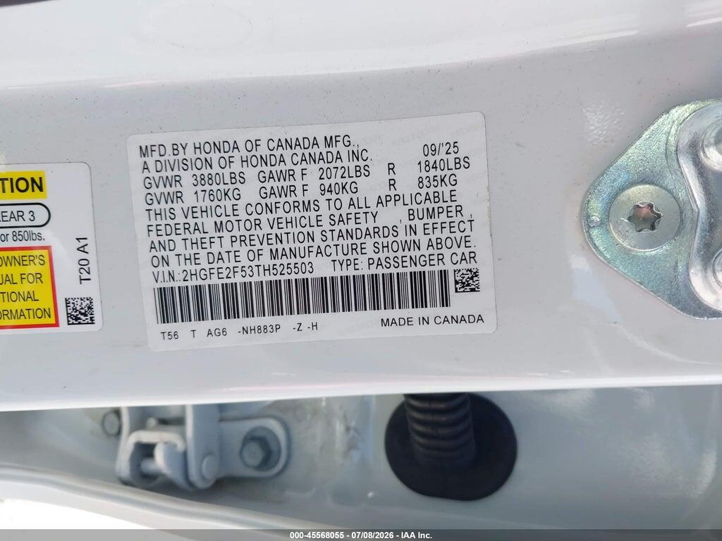 2HGFE2F53TH525503 2026 HONDA CIVIC photo no. 9