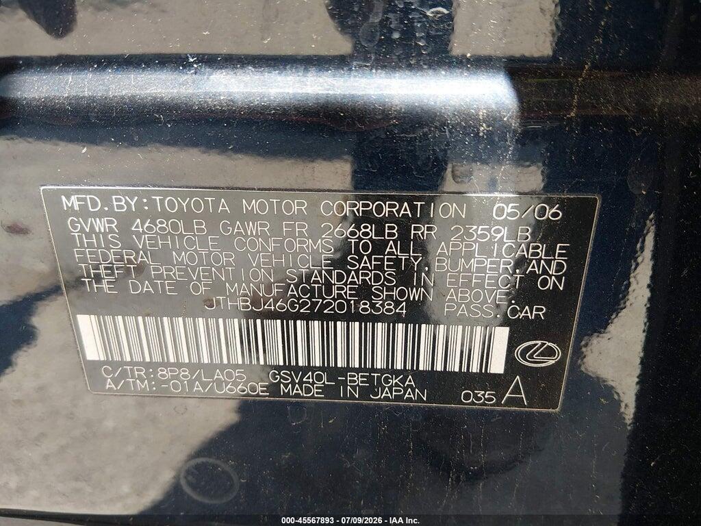 JTHBJ46G272018384 2007 LEXUS ES 350 photo no. 9