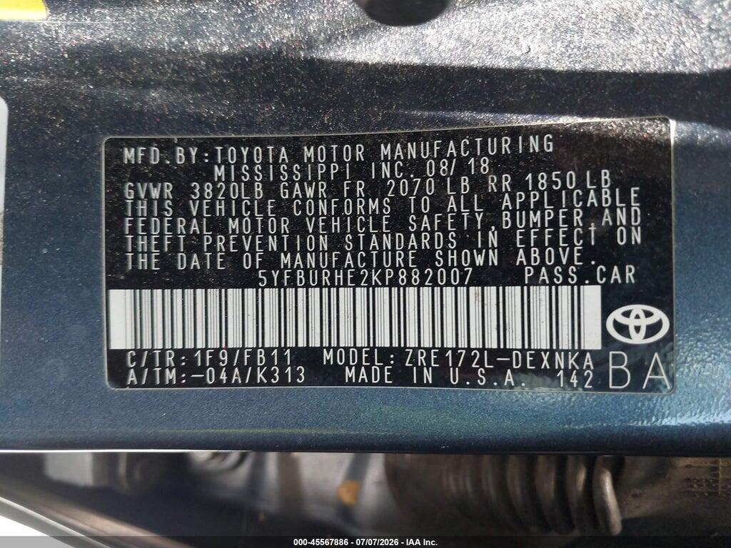 5YFBURHE2KP882007 2019 TOYOTA COROLLA photo no. 9