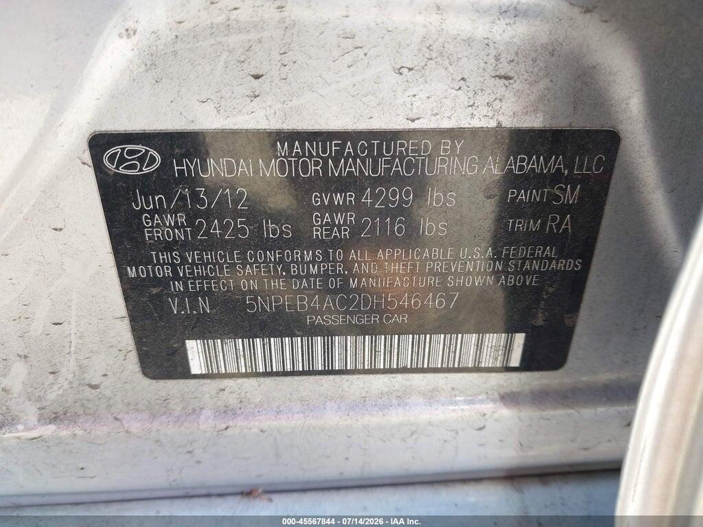 5NPEB4AC2DH546467 2013 HYUNDAI SONATA photo no. 9