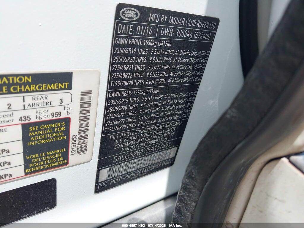 SALGS2WF3EA157953 2014 LAND ROVER RANGE ROVER photo no. 9