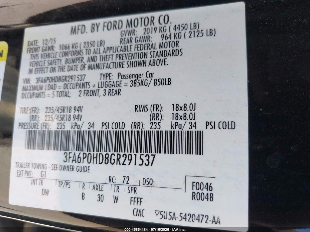 3FA6P0HD8GR291537 2016 FORD FUSION photo no. 9