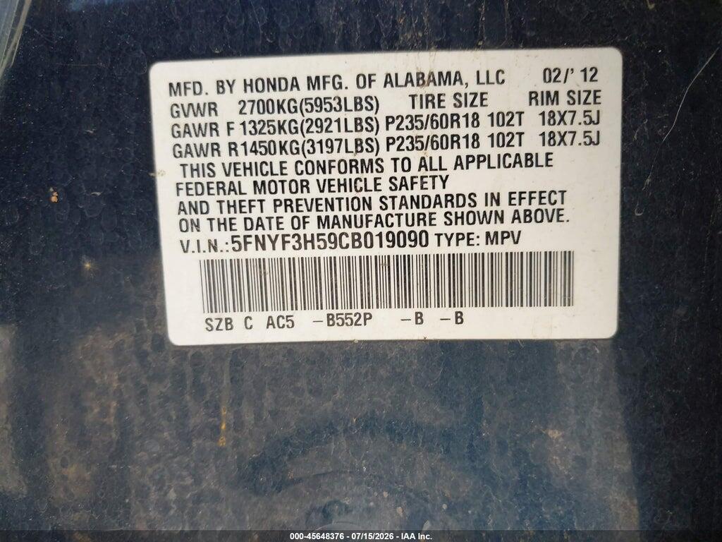 5FNYF3H59CB019090 2012 HONDA PILOT photo no. 9