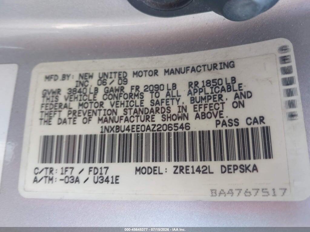 1NXBU4EE0AZ206546 2010 TOYOTA COROLLA photo no. 9