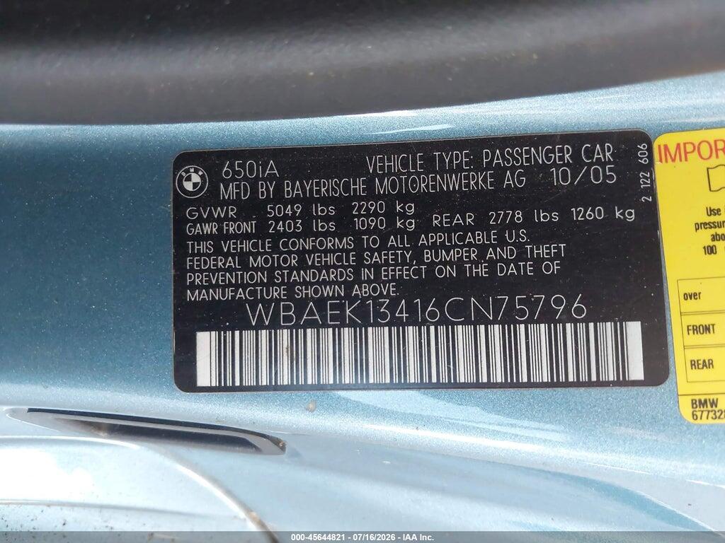 WBAEK13416CN75796 2006 BMW 650I photo no. 9