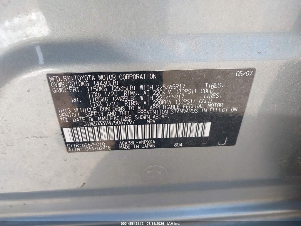 JTMZD33V475067797 2007 TOYOTA RAV4 photo no. 9
