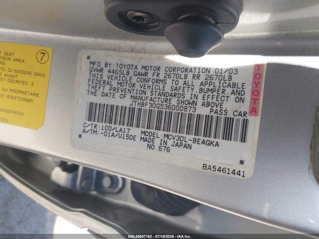 JTHBF30G536000873 2003 LEXUS ES 300 photo no. 9