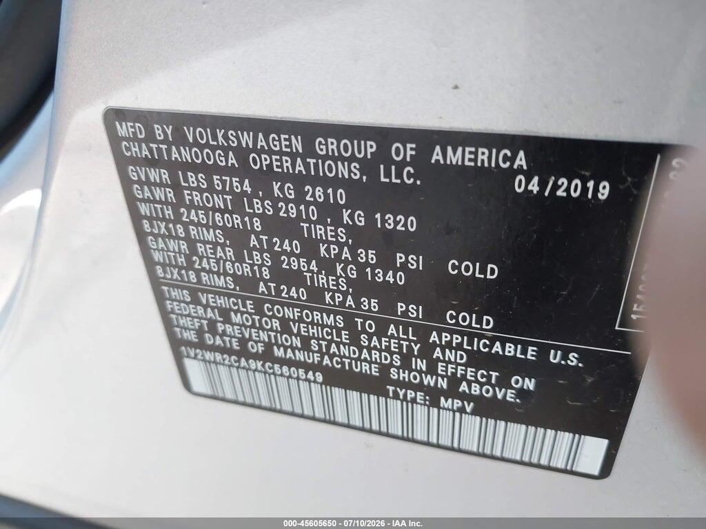 1V2WR2CA9KC560549 2019 VOLKSWAGEN ATLAS photo no. 9
