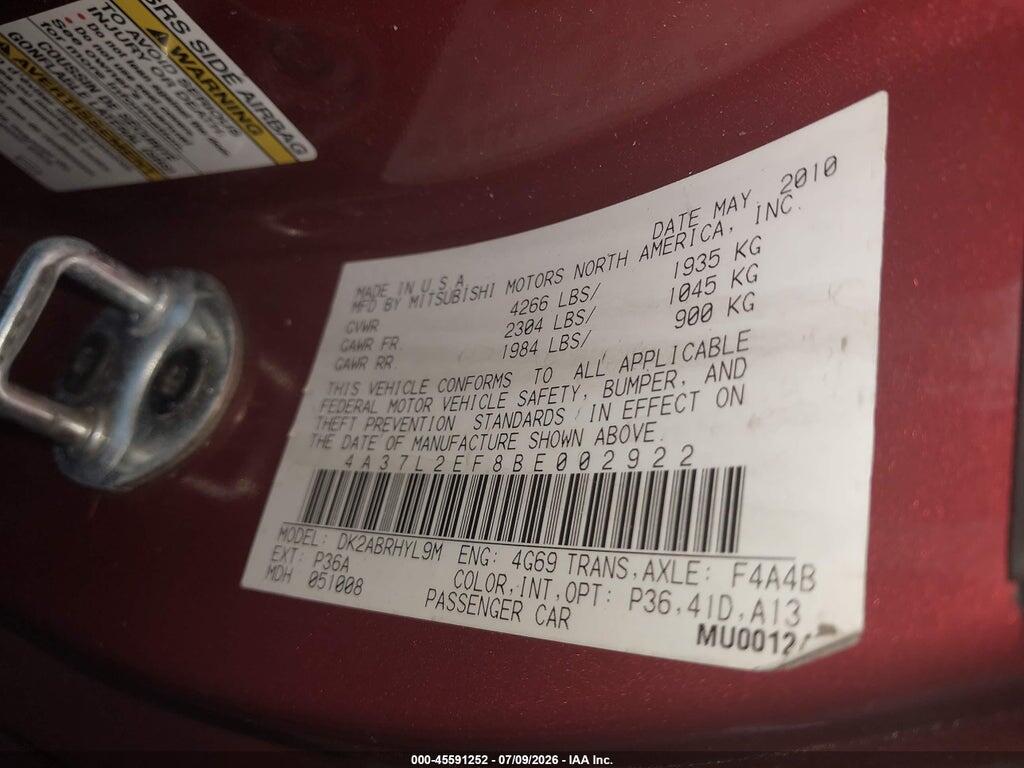 4A37L2EF8BE002922 2011 MITSUBISHI ECLIPSE photo no. 9