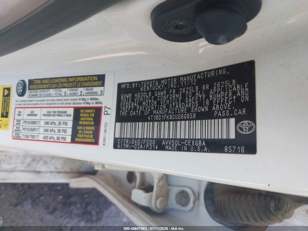 4T1BD1FK8CU060659 2012 TOYOTA CAMRY HYBRID photo no. 9