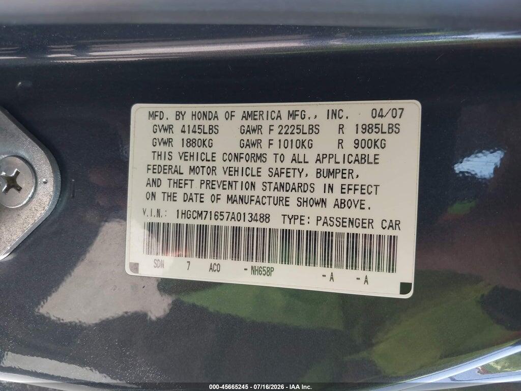 1HGCM71657A013488 2007 HONDA ACCORD photo no. 9