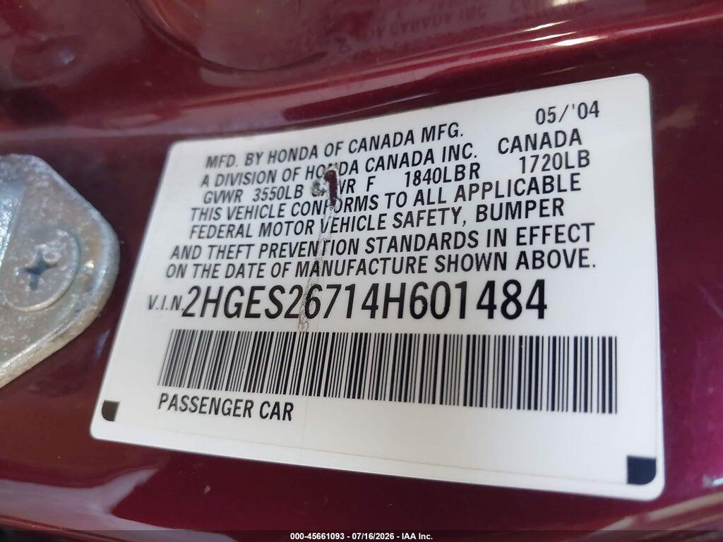 2HGES26714H601484 2004 HONDA CIVIC photo no. 9
