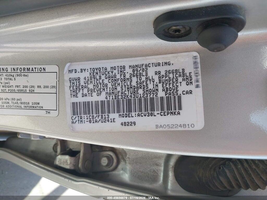 4T1BE32K43U123772 2003 TOYOTA CAMRY photo no. 9