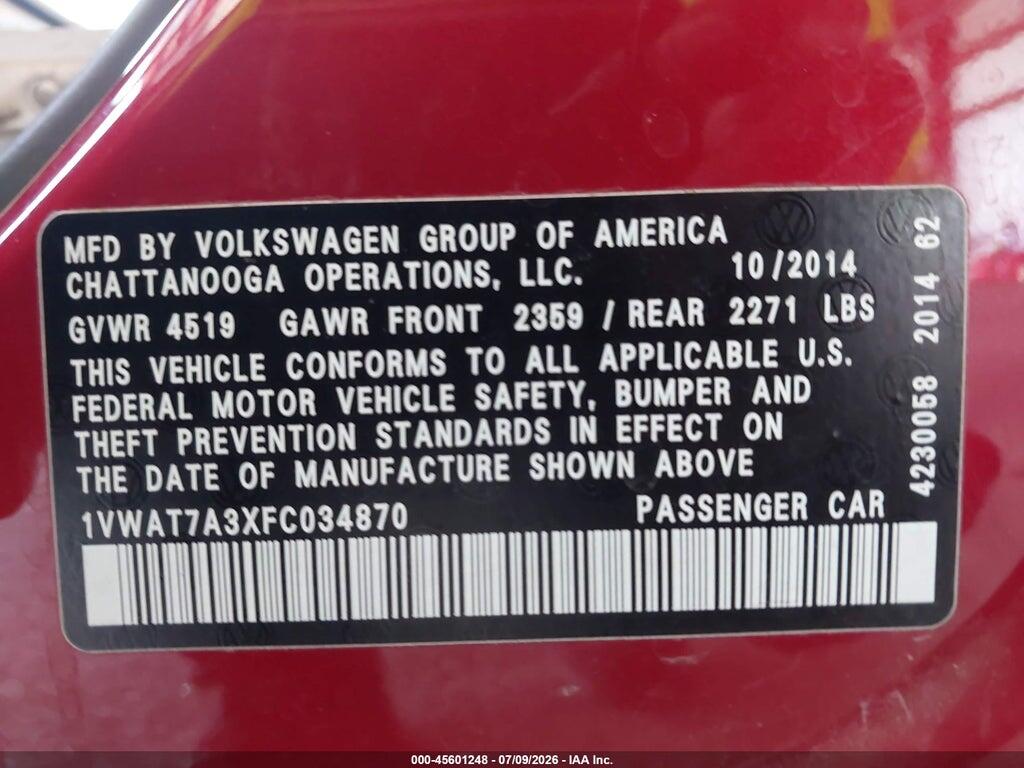 1VWAT7A3XFC034870 2015 VOLKSWAGEN PASSAT photo no. 9