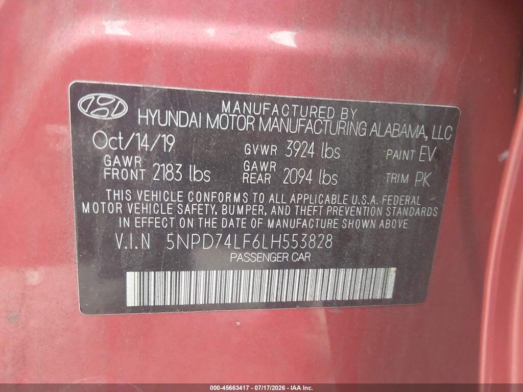5NPD74LF6LH553828 2020 HYUNDAI ELANTRA photo no. 9