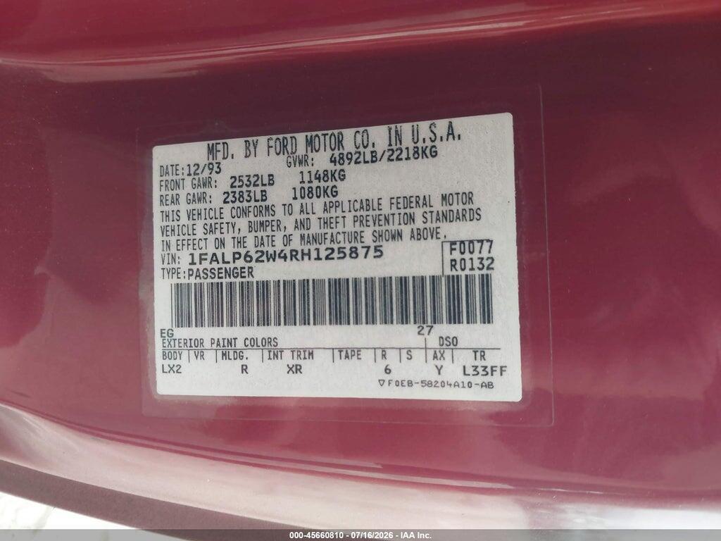 1FALP62W4RH125875 1994 FORD THUNDERBIRD photo no. 9