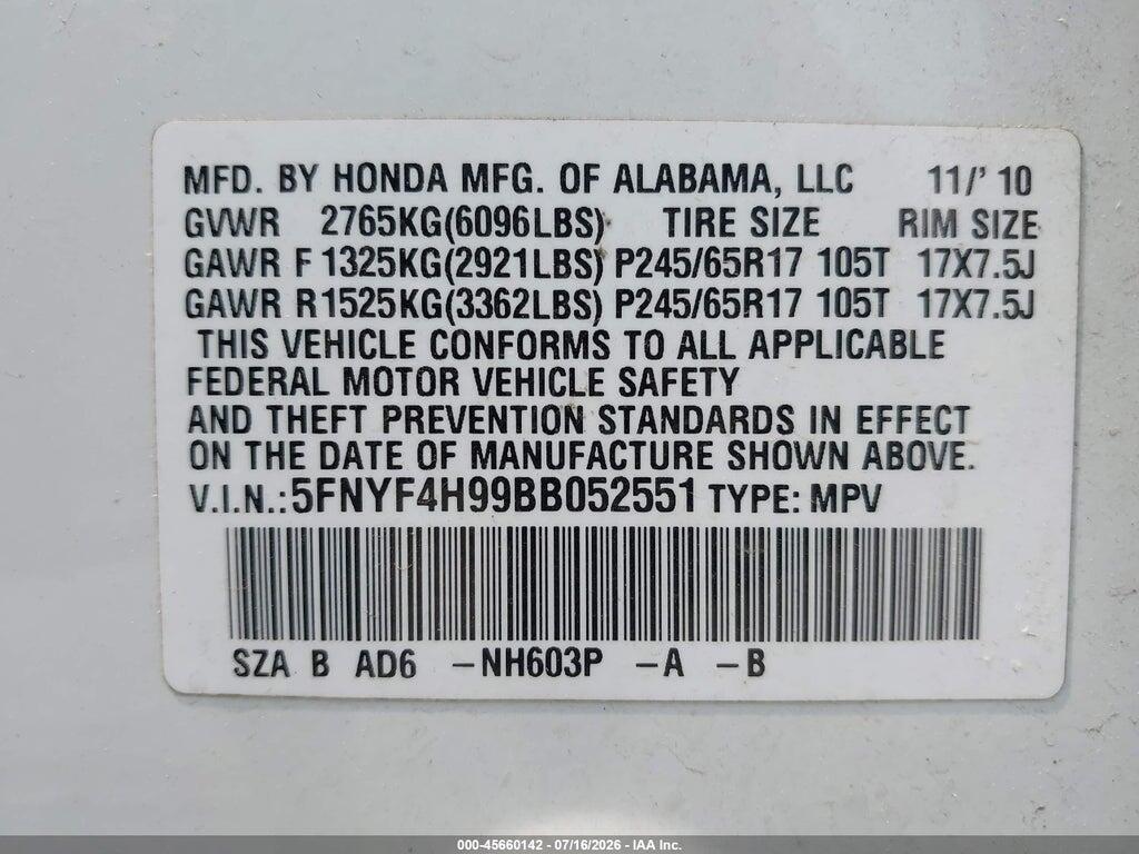 5FNYF4H99BB052551 2011 HONDA PILOT photo no. 9