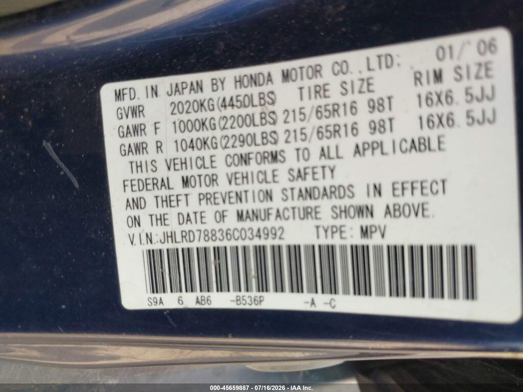 JHLRD78836C034992 2006 HONDA CR-V photo no. 9