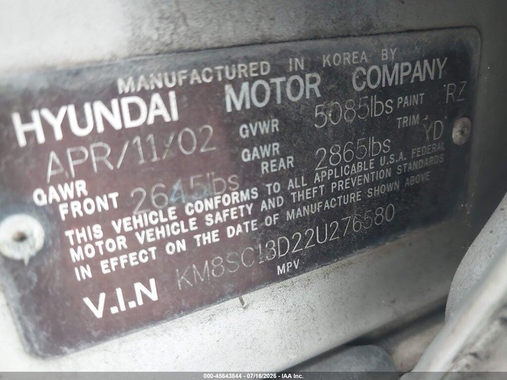 KM8SC13D22U276580 2002 HYUNDAI SANTA FE photo no. 9