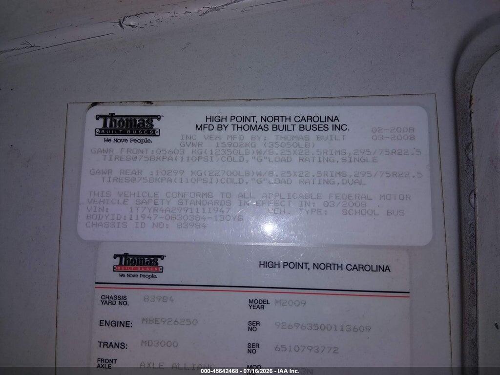1T7YR4A2991111947 2009 THOMAS SCHOOL BUS photo no. 9