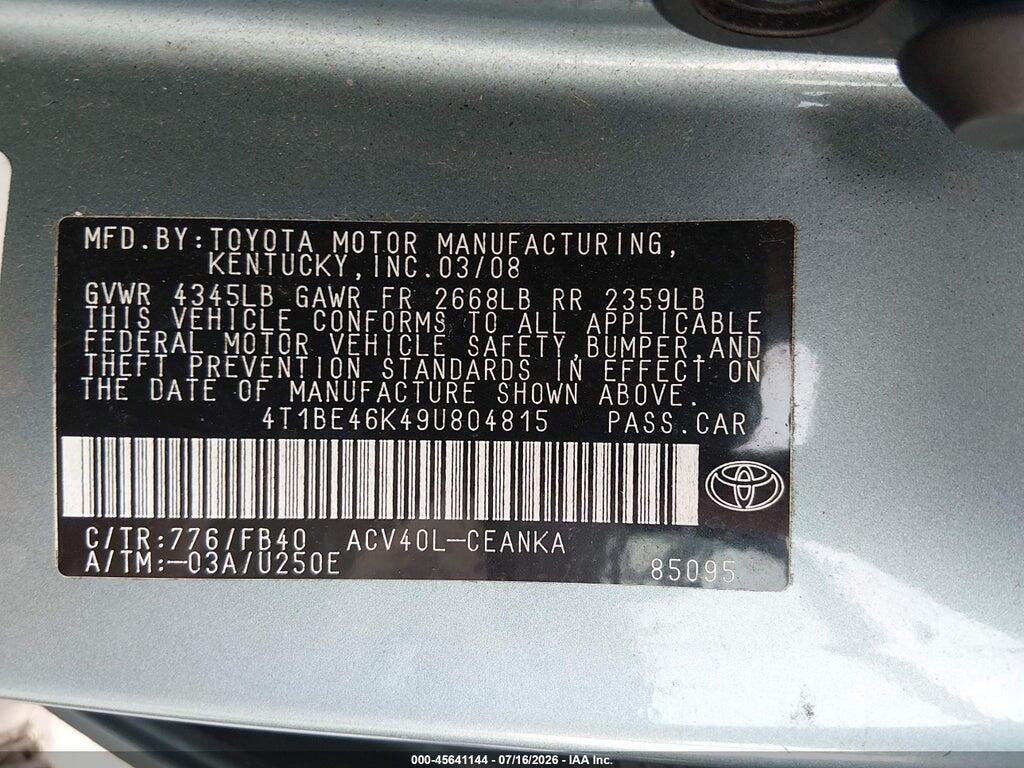 4T1BE46K49U804815 2009 TOYOTA CAMRY photo no. 9