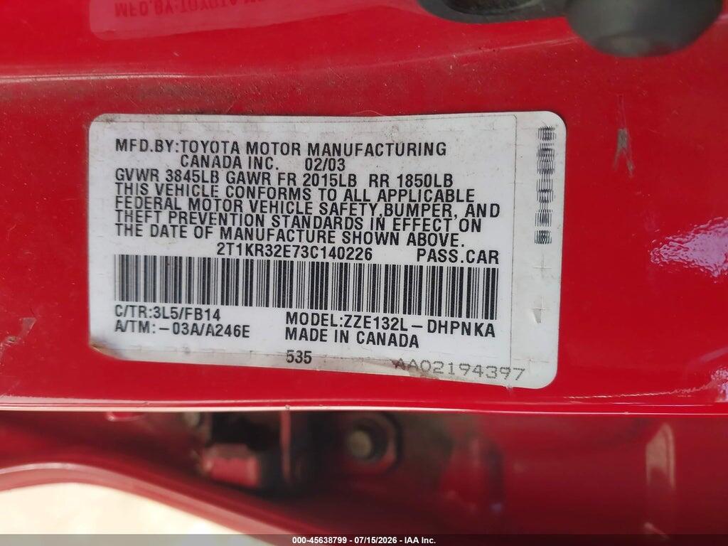 2T1KR32E73C140226 2003 TOYOTA MATRIX photo no. 9