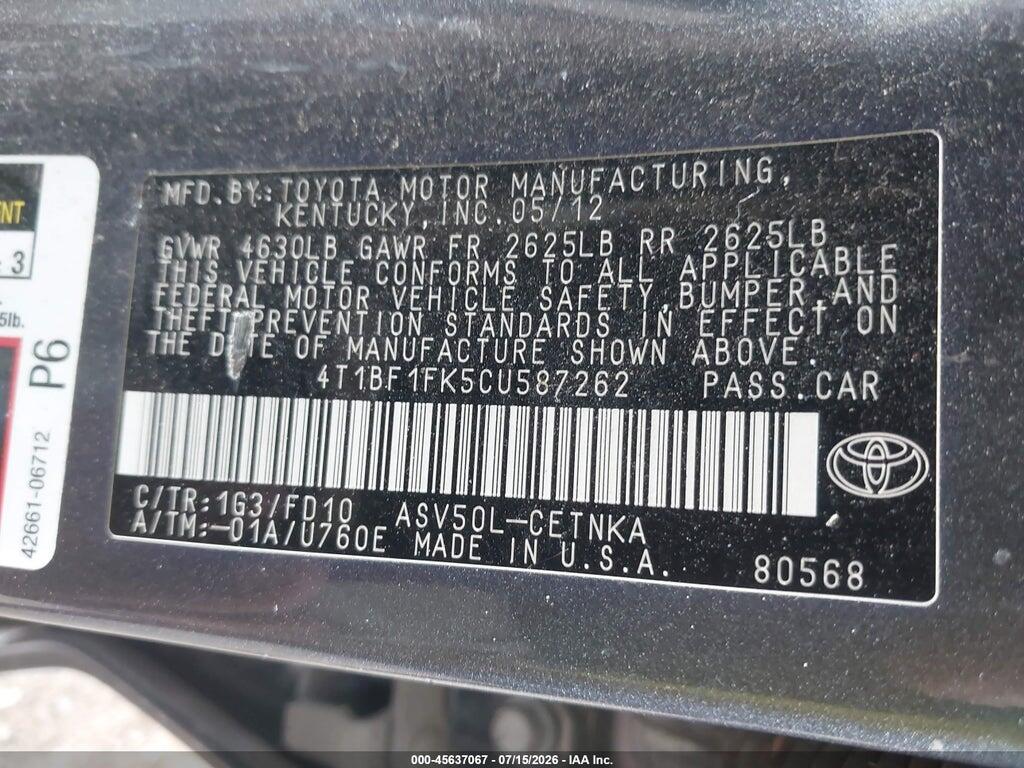 4T1BF1FK5CU587262 2012 TOYOTA CAMRY photo no. 9