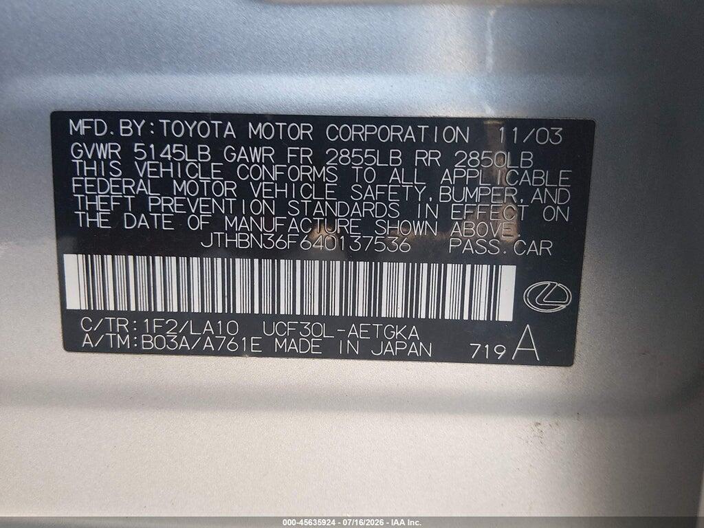 JTHBN36F640137536 2004 LEXUS LS 430 photo no. 9