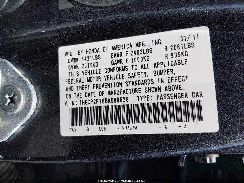 1HGCP2F76BA089628 2011 HONDA ACCORD photo no. 9