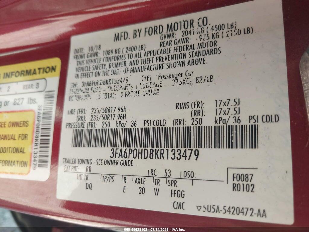 3FA6P0HD8KR133479 2019 FORD FUSION photo no. 9