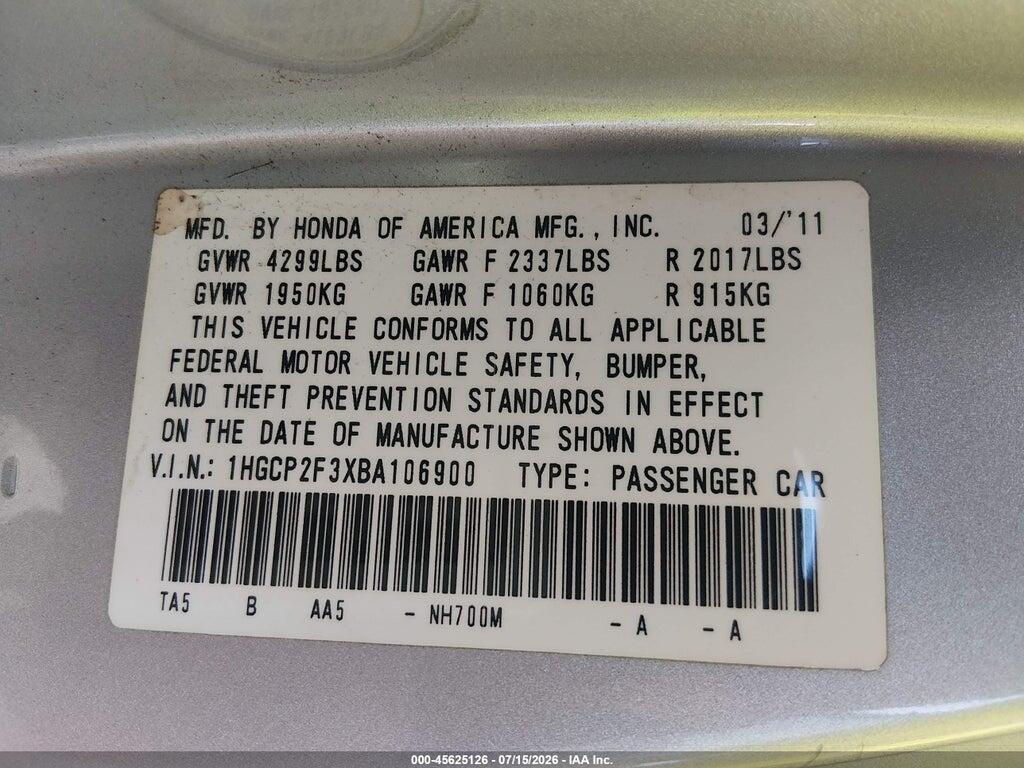 1HGCP2F3XBA106900 2011 HONDA ACCORD photo no. 9