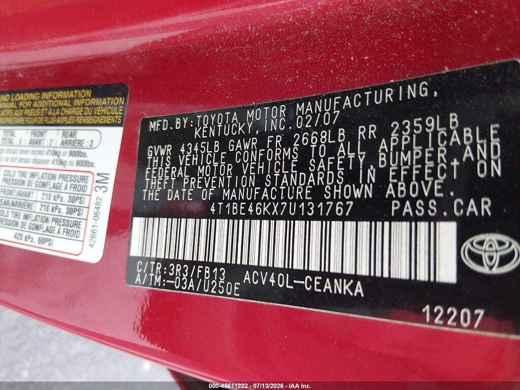 4T1BE46KX7U131767 2007 TOYOTA CAMRY photo no. 9