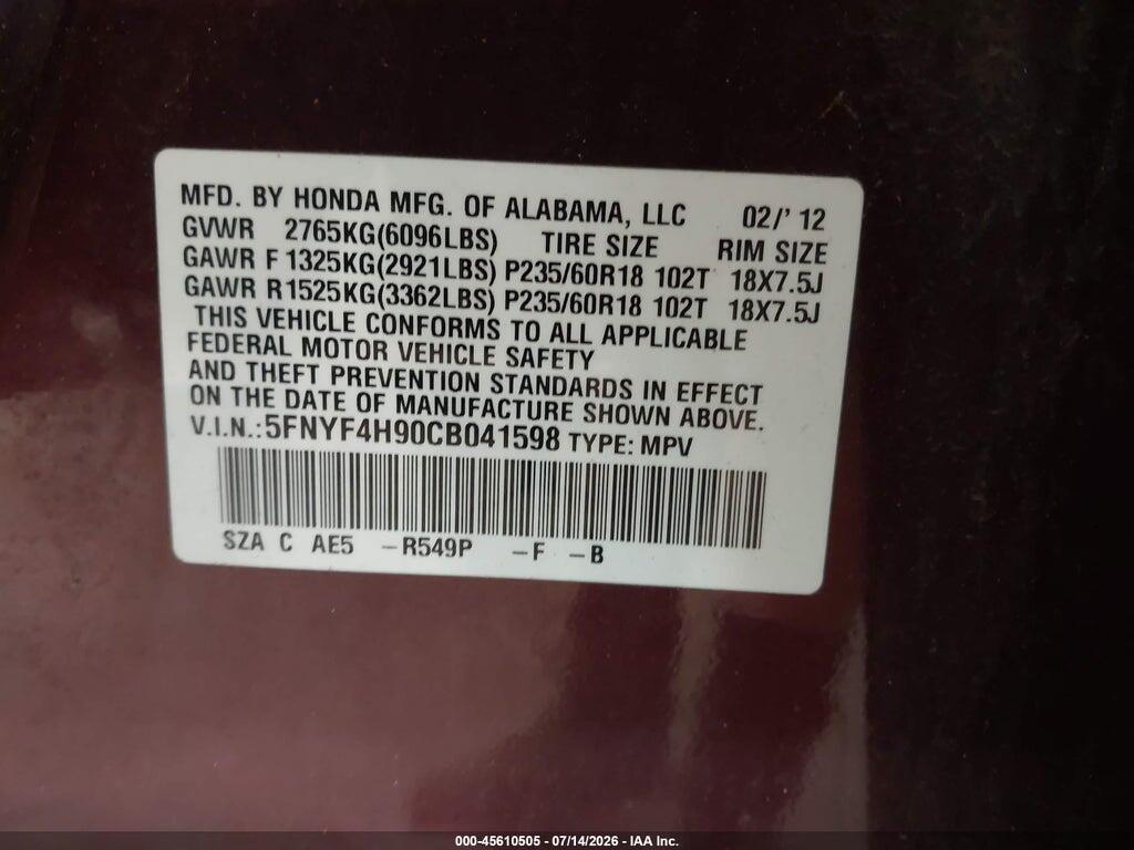 5FNYF4H90CB041598 2012 HONDA PILOT photo no. 9