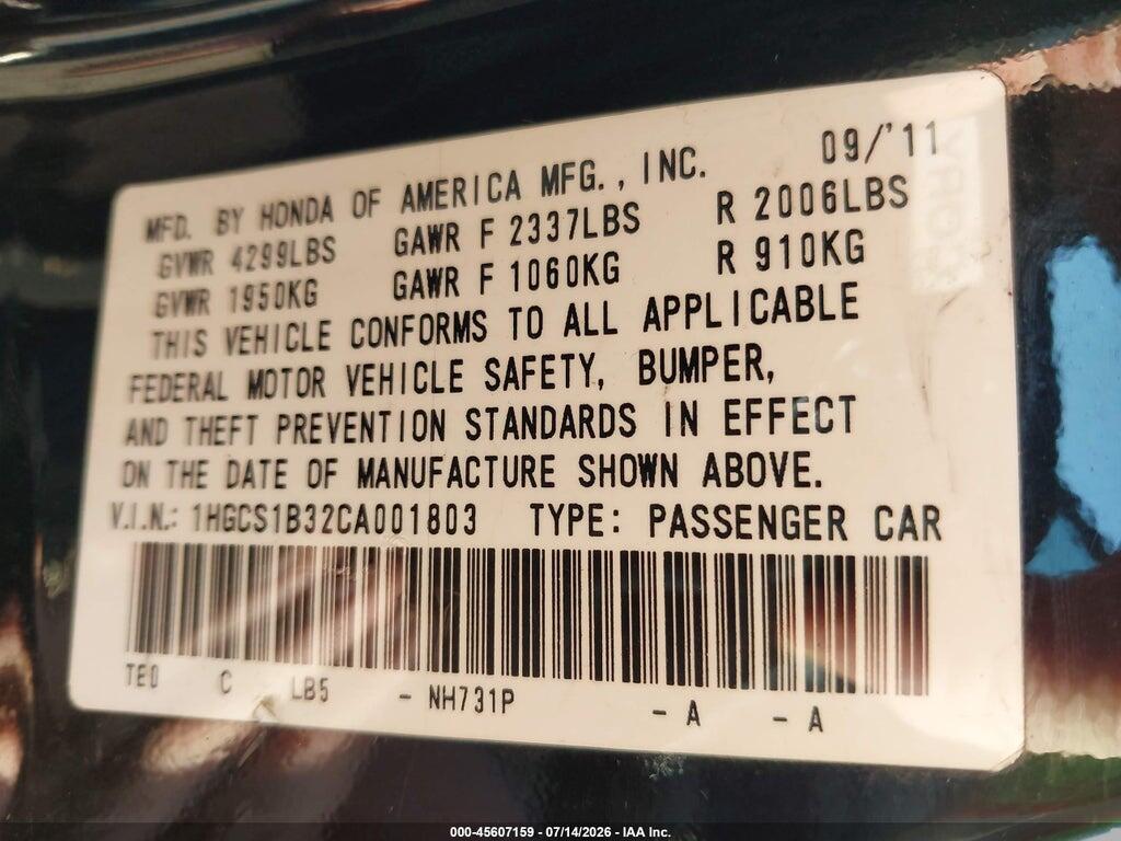 1HGCS1B32CA001803 2012 HONDA ACCORD photo no. 9
