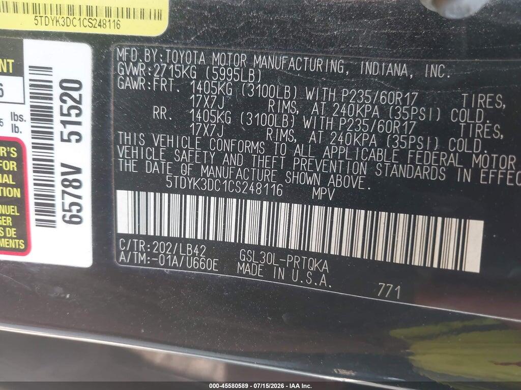 5TDYK3DC1CS248116 2012 TOYOTA SIENNA photo no. 9