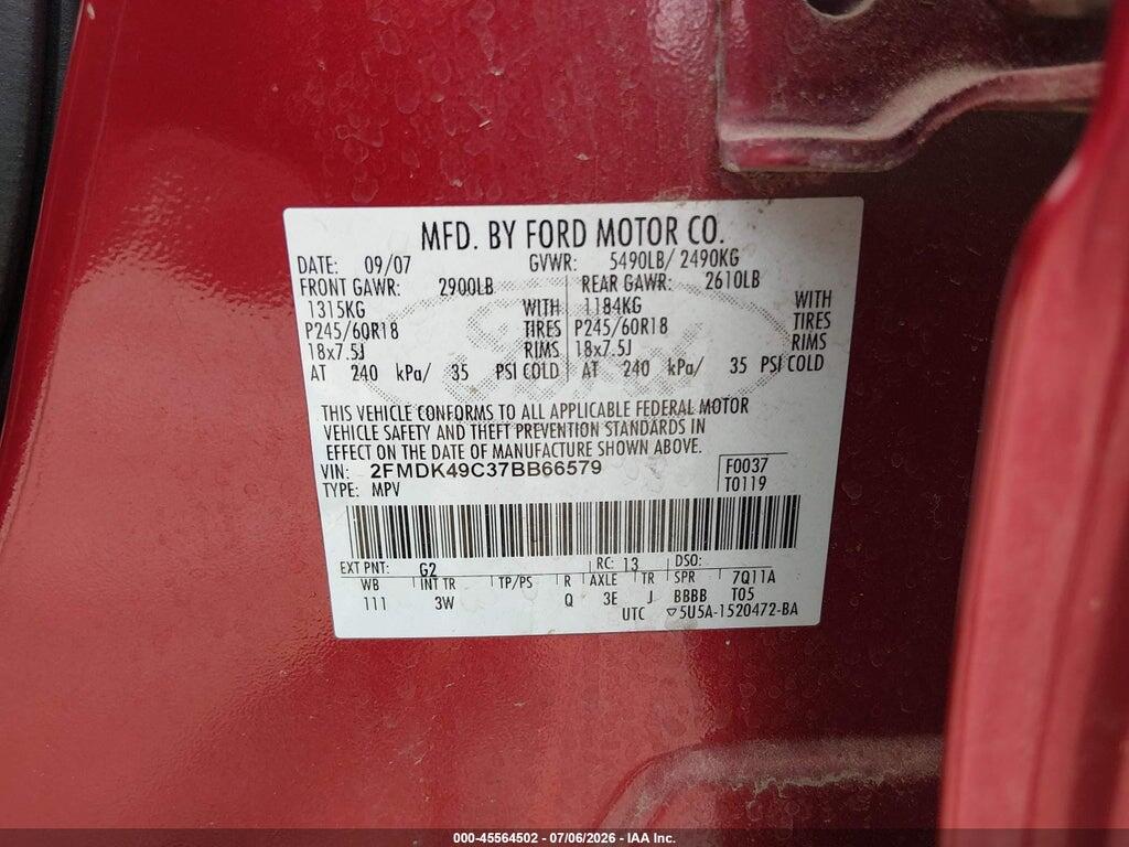 2FMDK49C37BB66579 2007 FORD EDGE photo no. 9