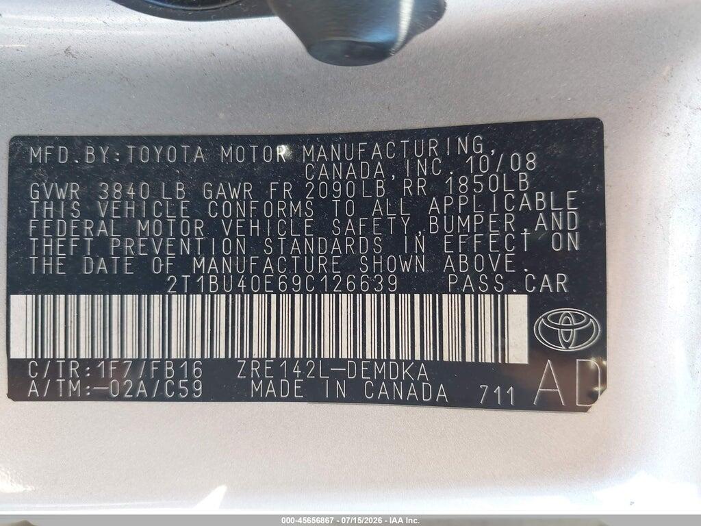 2T1BU40E69C126639 2009 TOYOTA COROLLA photo no. 9