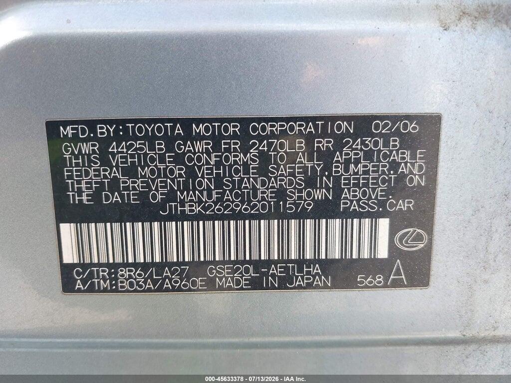 JTHBK262962011579 2006 LEXUS IS 250 photo no. 9