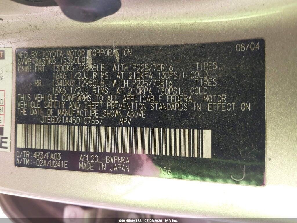 JTEGD21A450107657 2005 TOYOTA HIGHLANDER photo no. 9