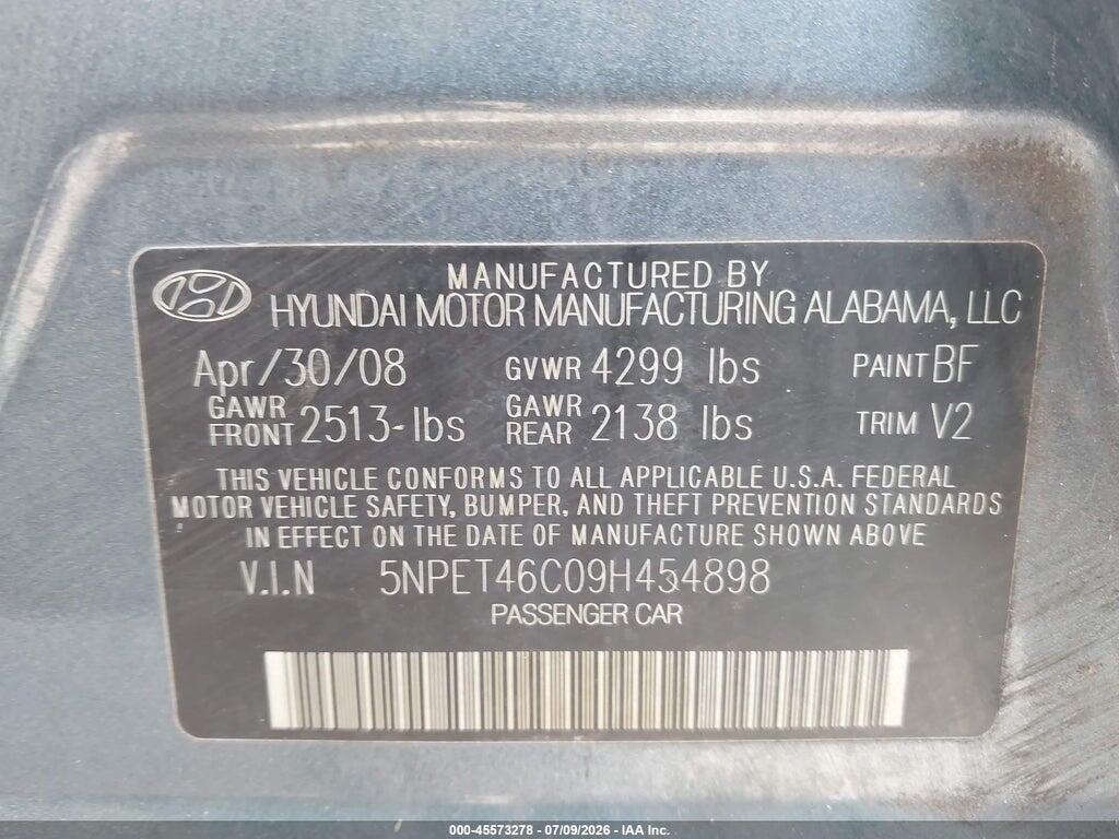 5NPET46C09H454898 2009 HYUNDAI SONATA photo no. 9