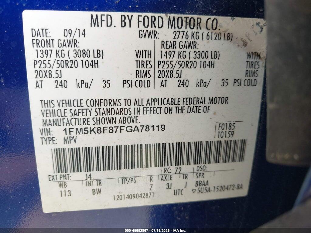 1FM5K8F87FGA78119 2015 FORD EXPLORER photo no. 9