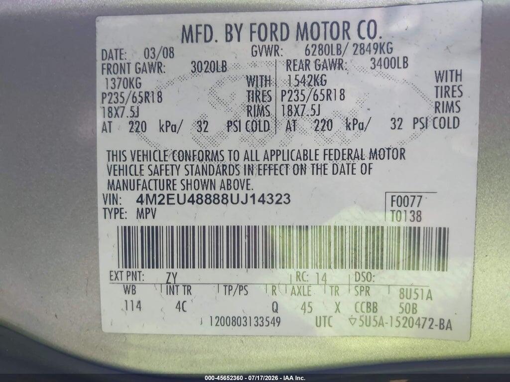 4M2EU48888UJ14323 2008 MERCURY MOUNTAINEER photo no. 9